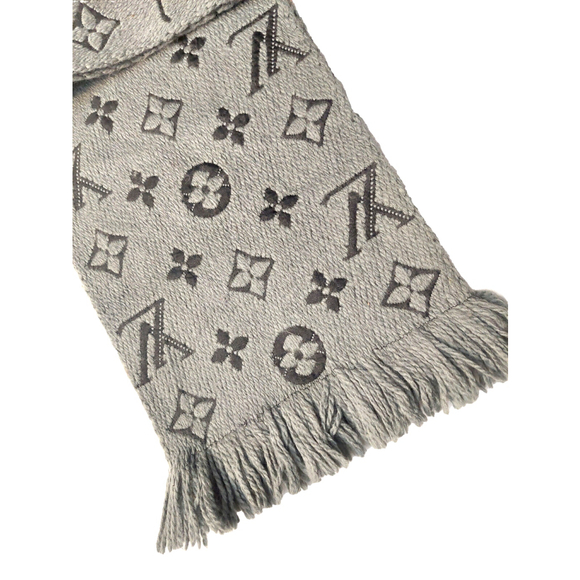Louis Vuitton LV Monogram Logomania Gray Black Cashmere Silk Scarf Pre-Owned - Picture 5 of 16